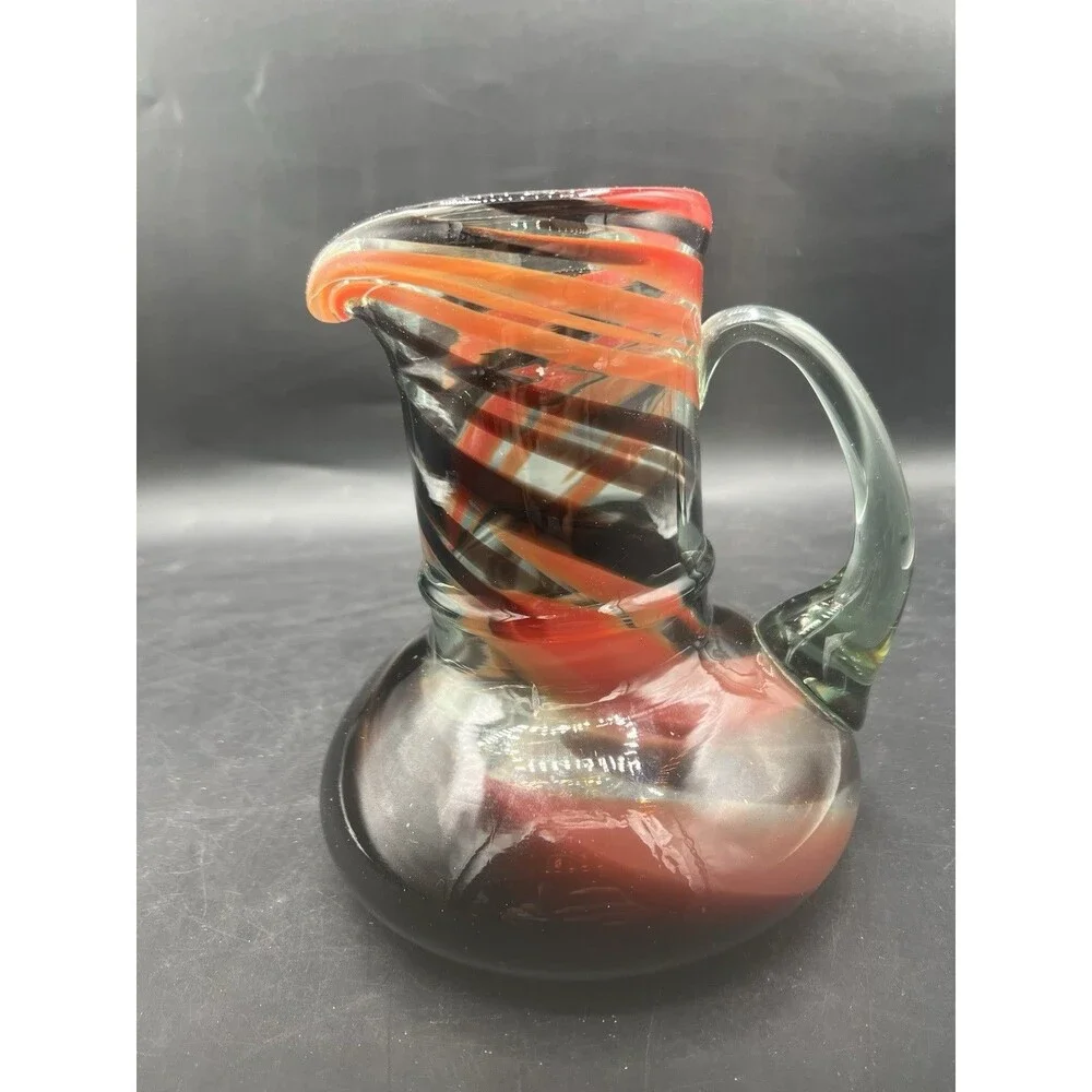 Hand Blown Art Glass Pitcher Amber Brown Swirl Applied Handle 6 1/8” Vase